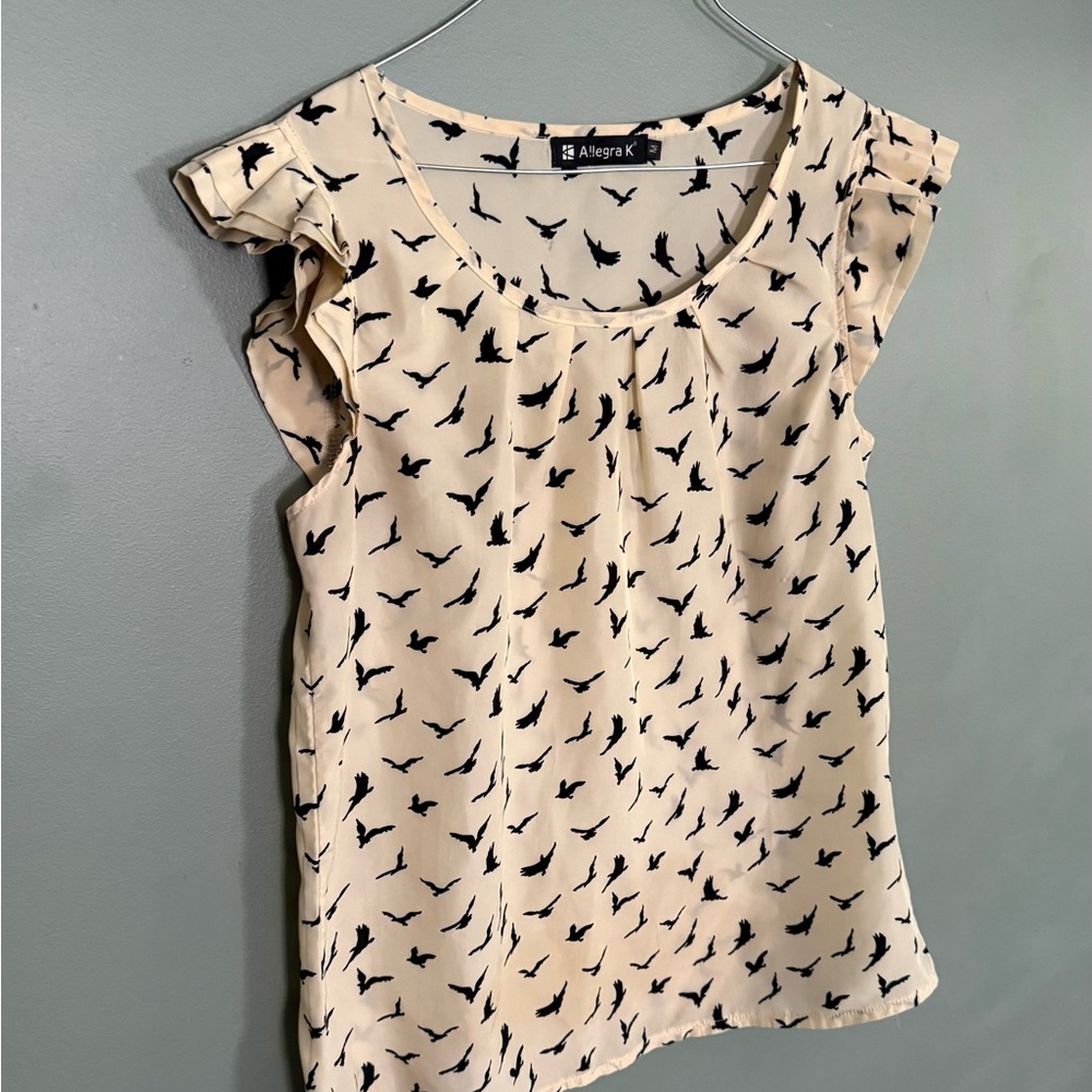 Allegra K Cream Blouse with Black Bird Pattern